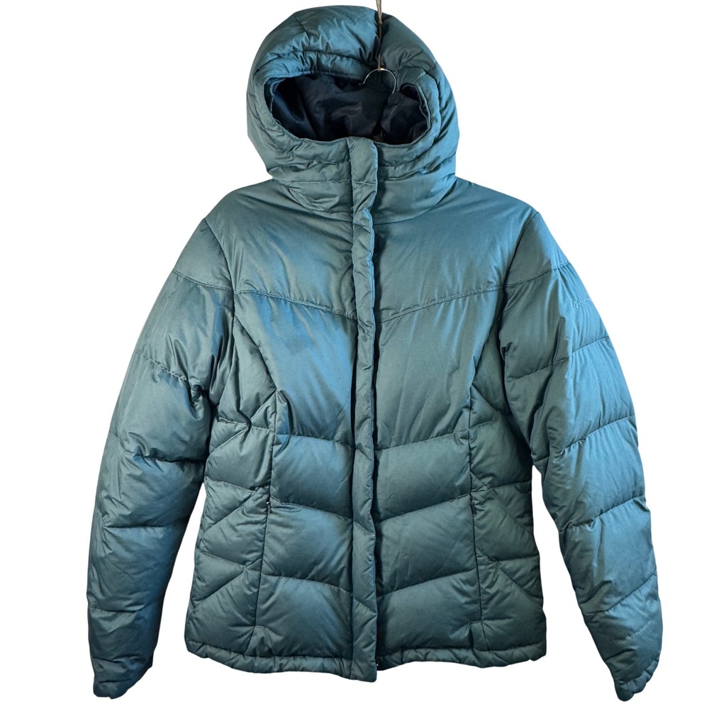 Columbia Down Puffer Jacket Teal Blue Green Quilted‎ Hooded Winter Coat Womens S
